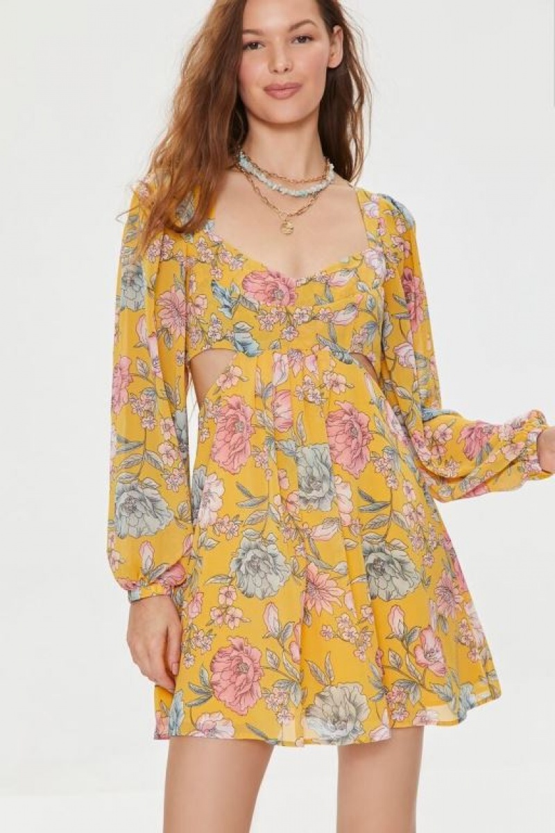 Vestido Forever 21 Floral Print Cutout Mini Mujer Amarillo Multicolor | dsyUh3CcnDi