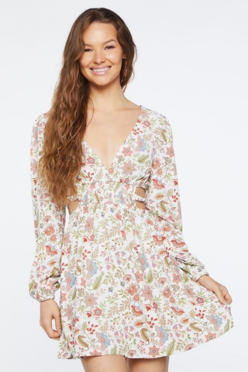 Vestido Forever 21 Floral Print Cutout Midi Mujer Blancas Multicolor | EQ7IWI7m3VC