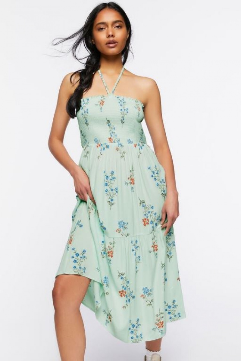 Vestido Forever 21 Floral Print Halter Midi Mujer Verde Menta Multicolor | KoW6QhEceC1