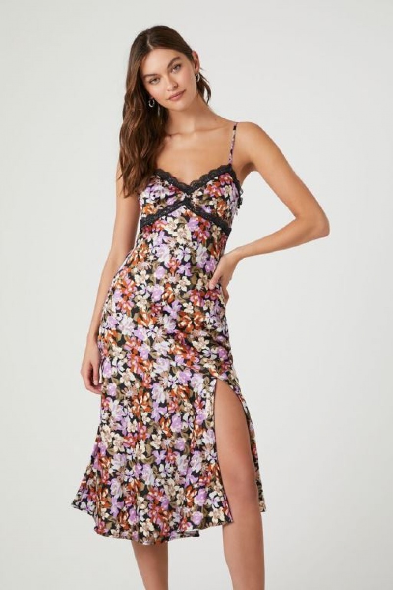 Vestido Forever 21 Floral Print Midi Mujer Negras Multicolor | SiRfIvDlkIp