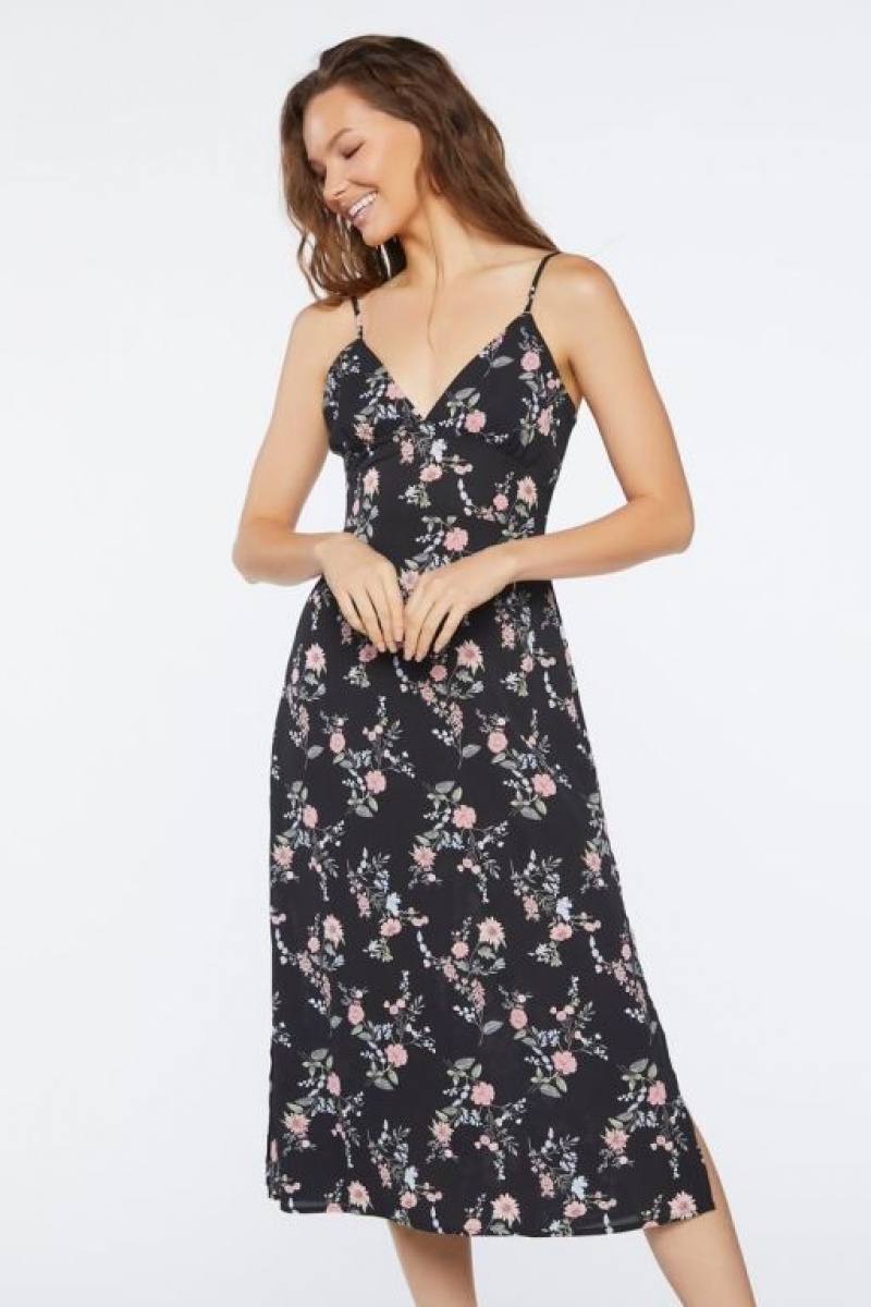 Vestido Forever 21 Floral Print Midi Mujer Negras Multicolor | 1Ju5mo0xjAW