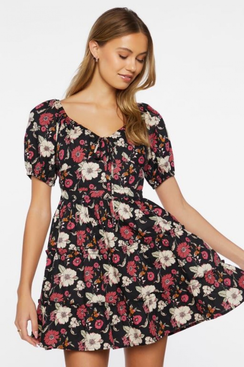 Vestido Forever 21 Floral Print Mini Mujer Negras Multicolor | wWX2HtHhkcN