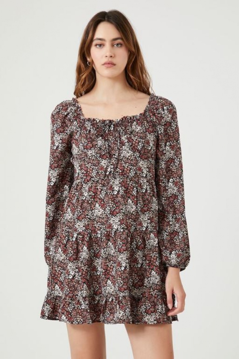 Vestido Forever 21 Floral Print Mini Mujer Negras Multicolor | xcXOxjDr93y