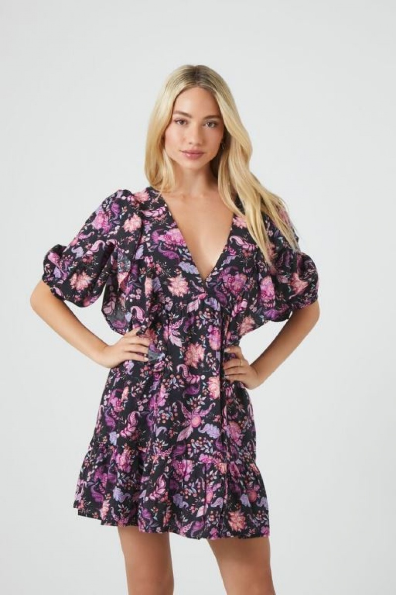 Vestido Forever 21 Floral Print Mini Mujer Negras Multicolor | U3bYHieKbfK