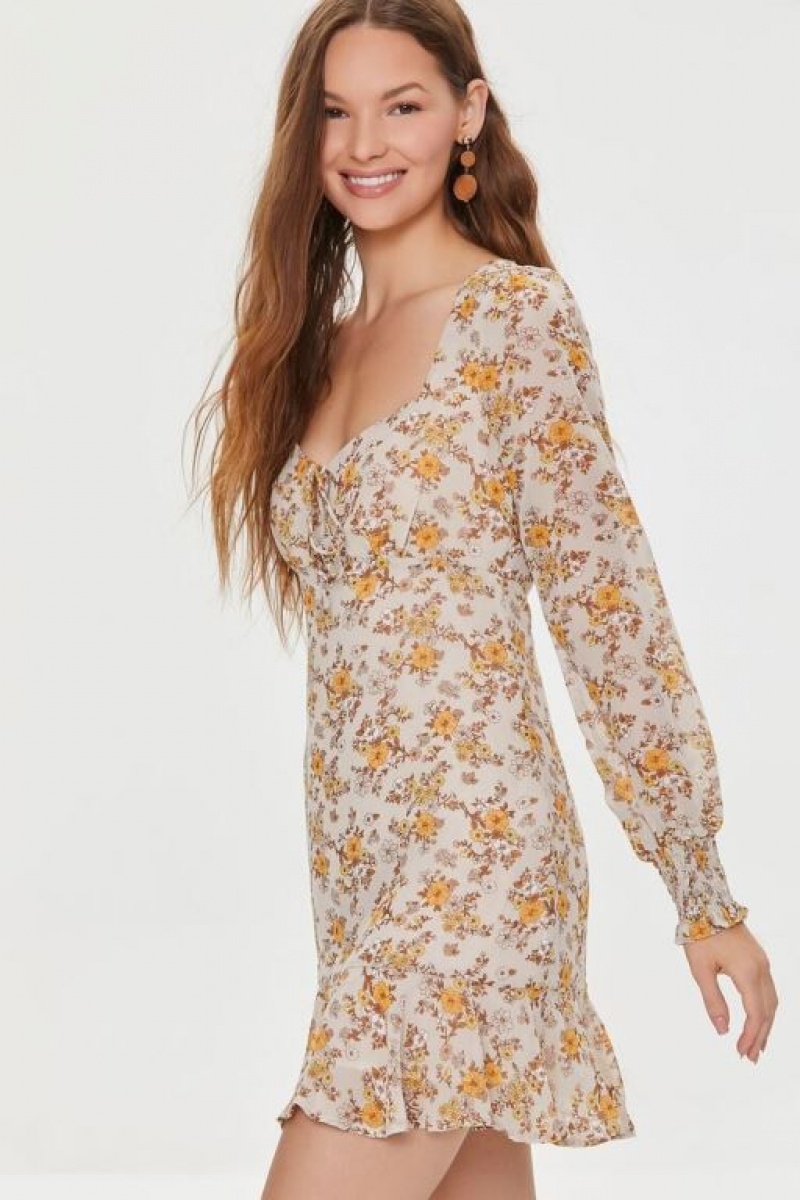 Vestido Forever 21 Floral Print Peasant Sleeve Mujer Blancas Multicolor | iu7a5VwsRTE