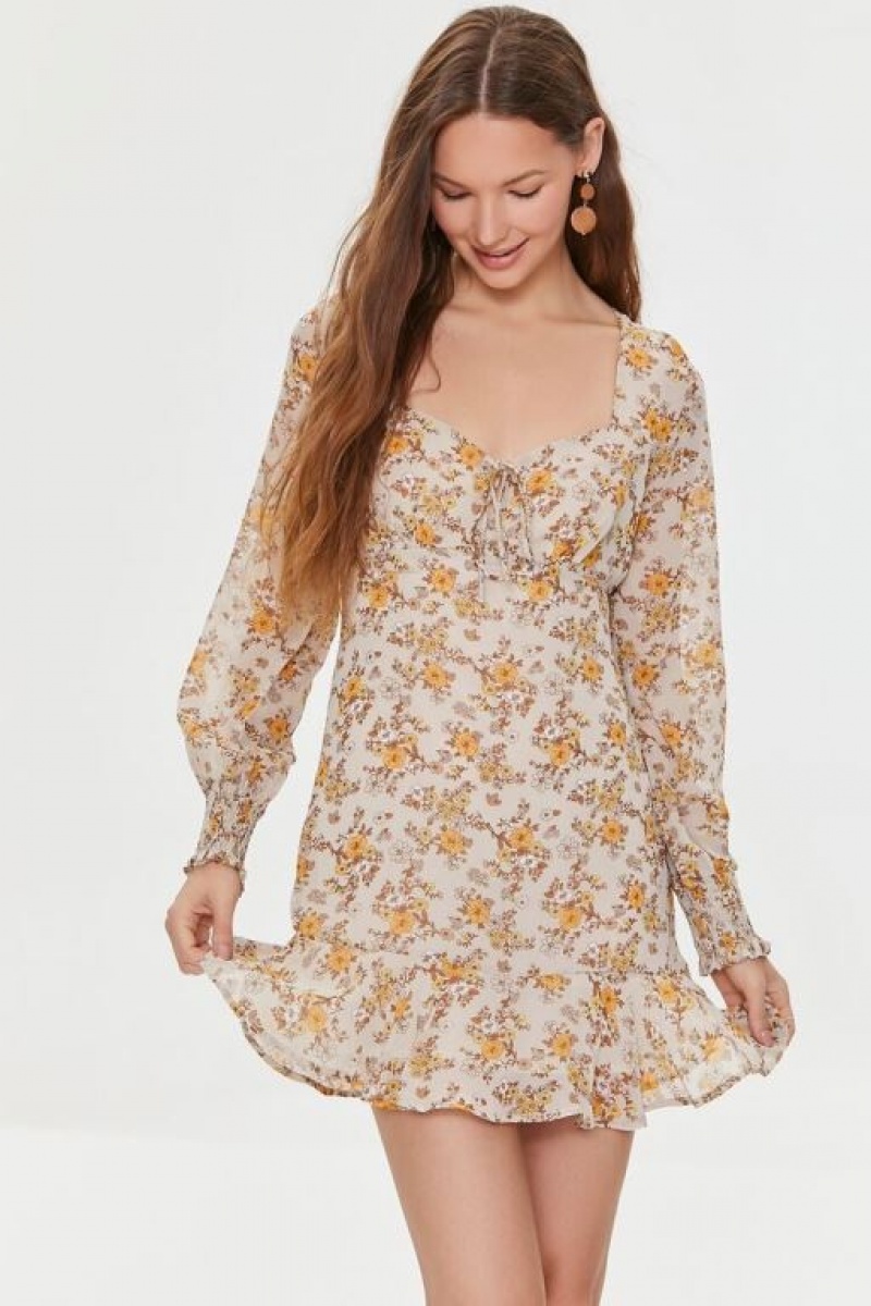 Vestido Forever 21 Floral Print Peasant Sleeve Mujer Blancas Multicolor | iu7a5VwsRTE