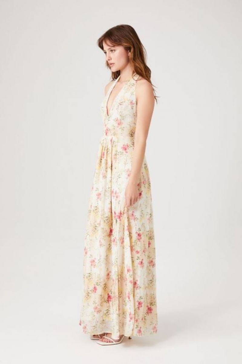 Vestido Forever 21 Floral Print Plunging Maxi Mujer Blancas Multicolor | zamDTtBpXvN