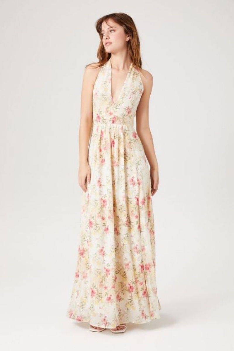 Vestido Forever 21 Floral Print Plunging Maxi Mujer Blancas Multicolor | zamDTtBpXvN