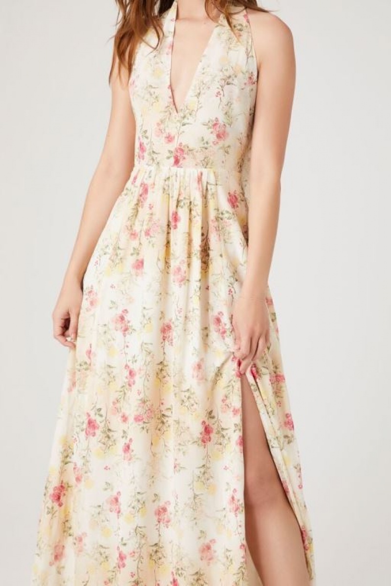 Vestido Forever 21 Floral Print Plunging Maxi Mujer Blancas Multicolor | zamDTtBpXvN