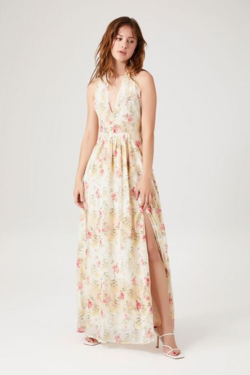 Vestido Forever 21 Floral Print Plunging Maxi Mujer Blancas Multicolor | zamDTtBpXvN