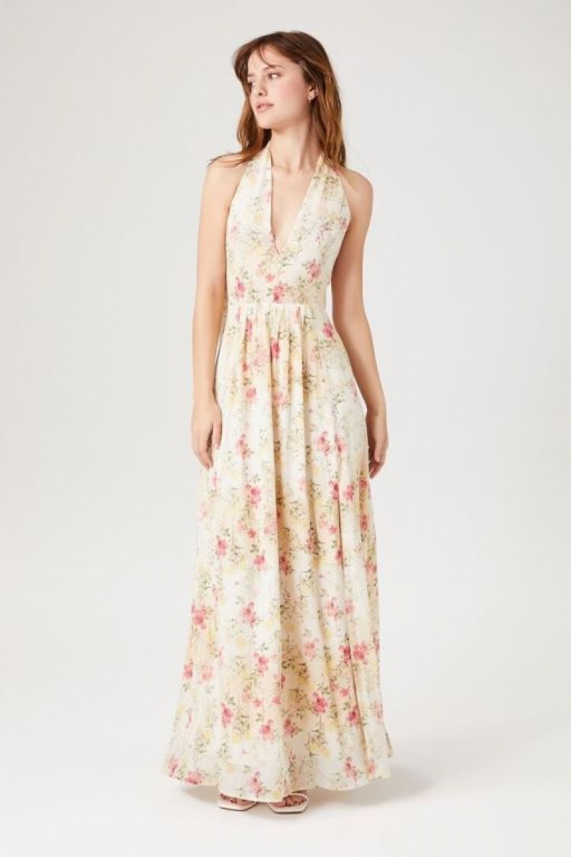 Vestido Forever 21 Floral Print Plunging Maxi Mujer Blancas Multicolor | aj7Q8FohhZ4