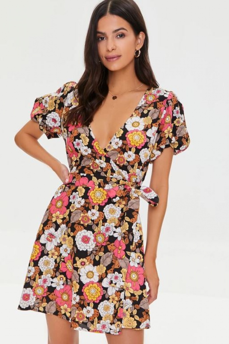 Vestido Forever 21 Floral Print Puff Sleeve Mujer Negras Multicolor | 30xENr3FyYw