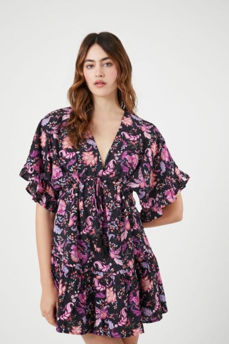 Vestido Forever 21 Floral Print Ruffle Mini Mujer Negras Multicolor | x2Mi72tu0rS