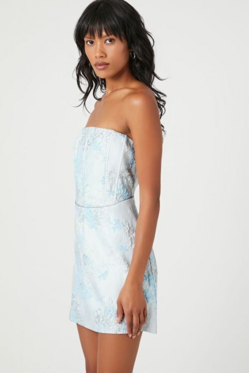 Vestido Forever 21 Floral Print Strapless Mini Mujer Creme Azules | FSUaCRrgx7e