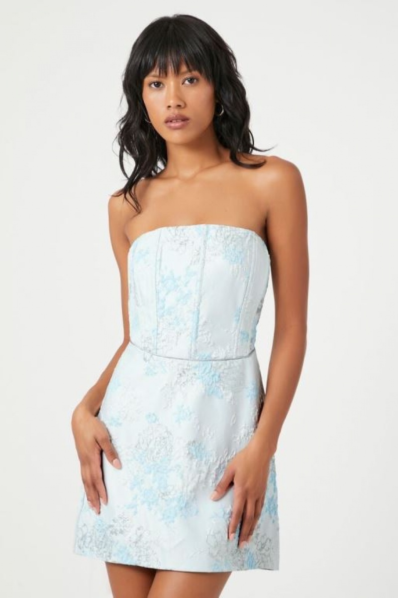 Vestido Forever 21 Floral Print Strapless Mini Mujer Creme Azules | FSUaCRrgx7e