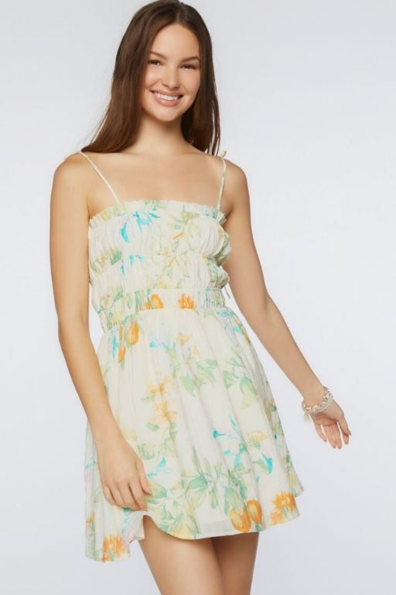 Vestido Forever 21 Floral Print Tie Strap Mini Mujer Creme Multicolor | 6NtJZFx73Vj