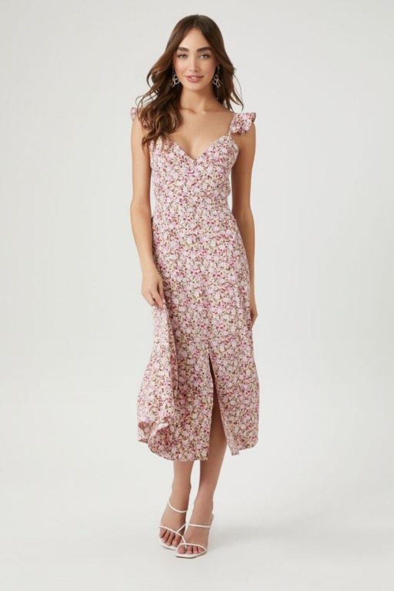 Vestido Forever 21 Floral Ruffle Strap Midi Mujer Rosas Multicolor | 68X24QRqpeo