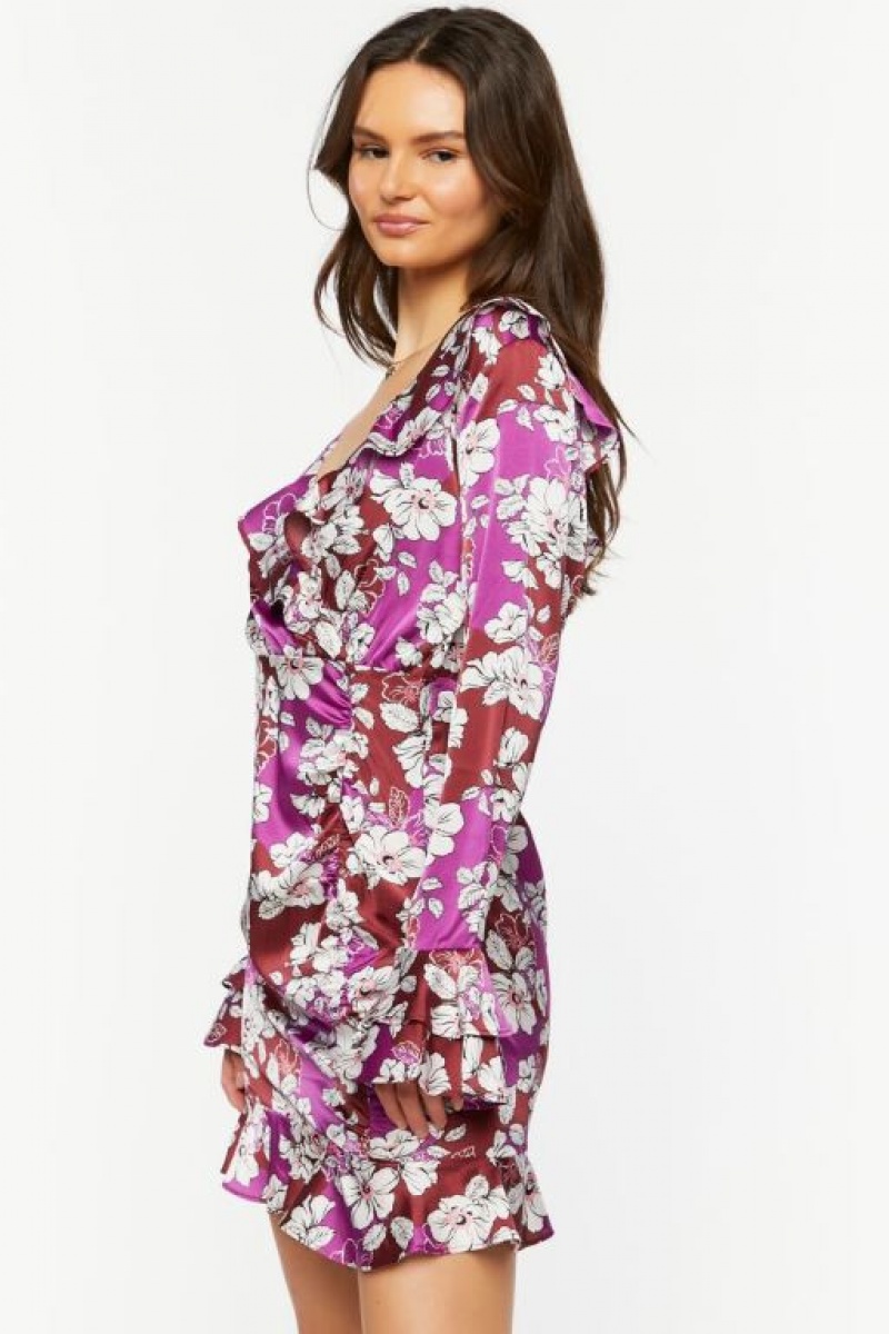 Vestido Forever 21 Floral Ruffled Satin Mini Mujer Moradas Multicolor | 4R3iRattIgq