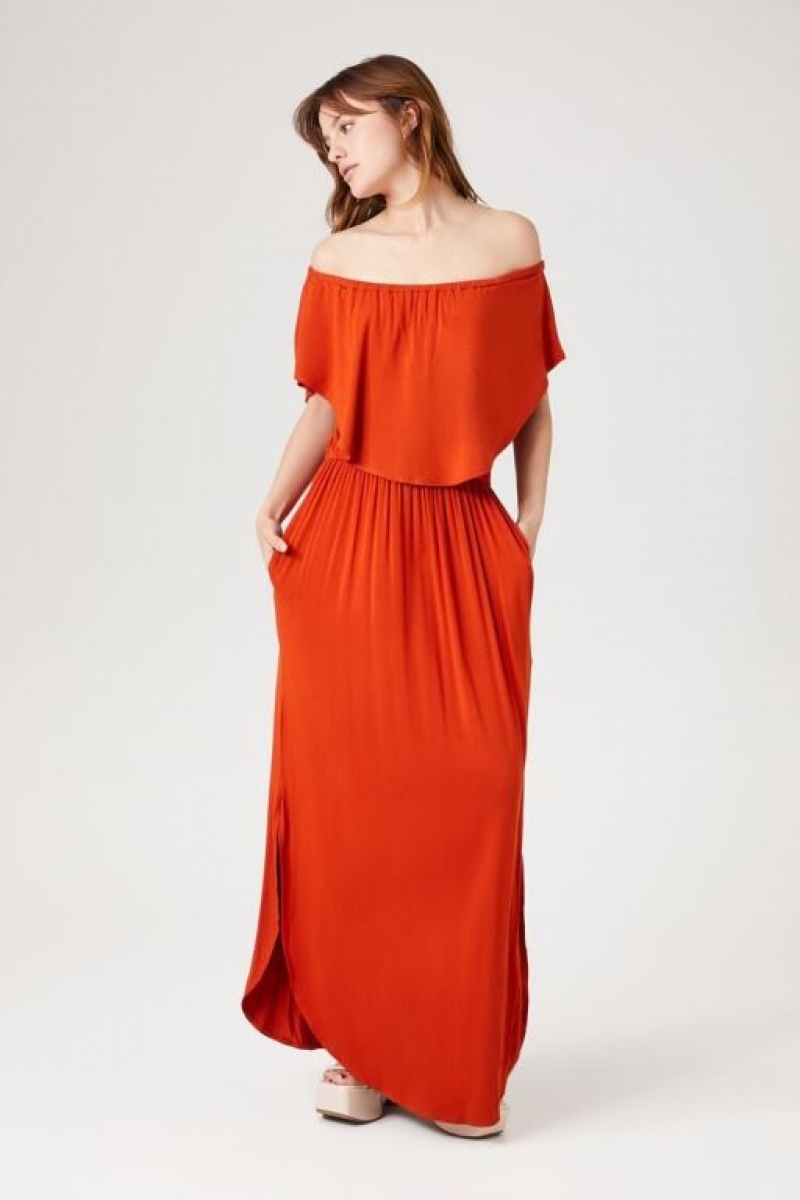 Vestido Forever 21 Flounce Off The Shoulder Maxi Mujer Rojas | DhqmUcgdfqr