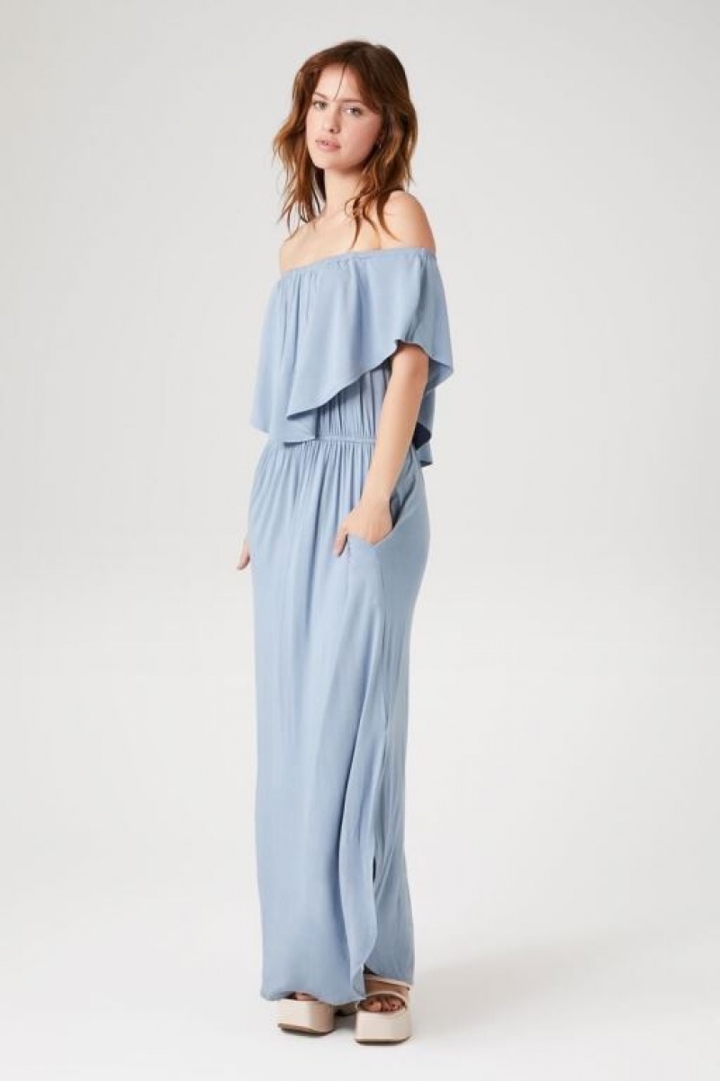 Vestido Forever 21 Flounce Off The Shoulder Maxi Mujer Azules | AWNztUi3iMD