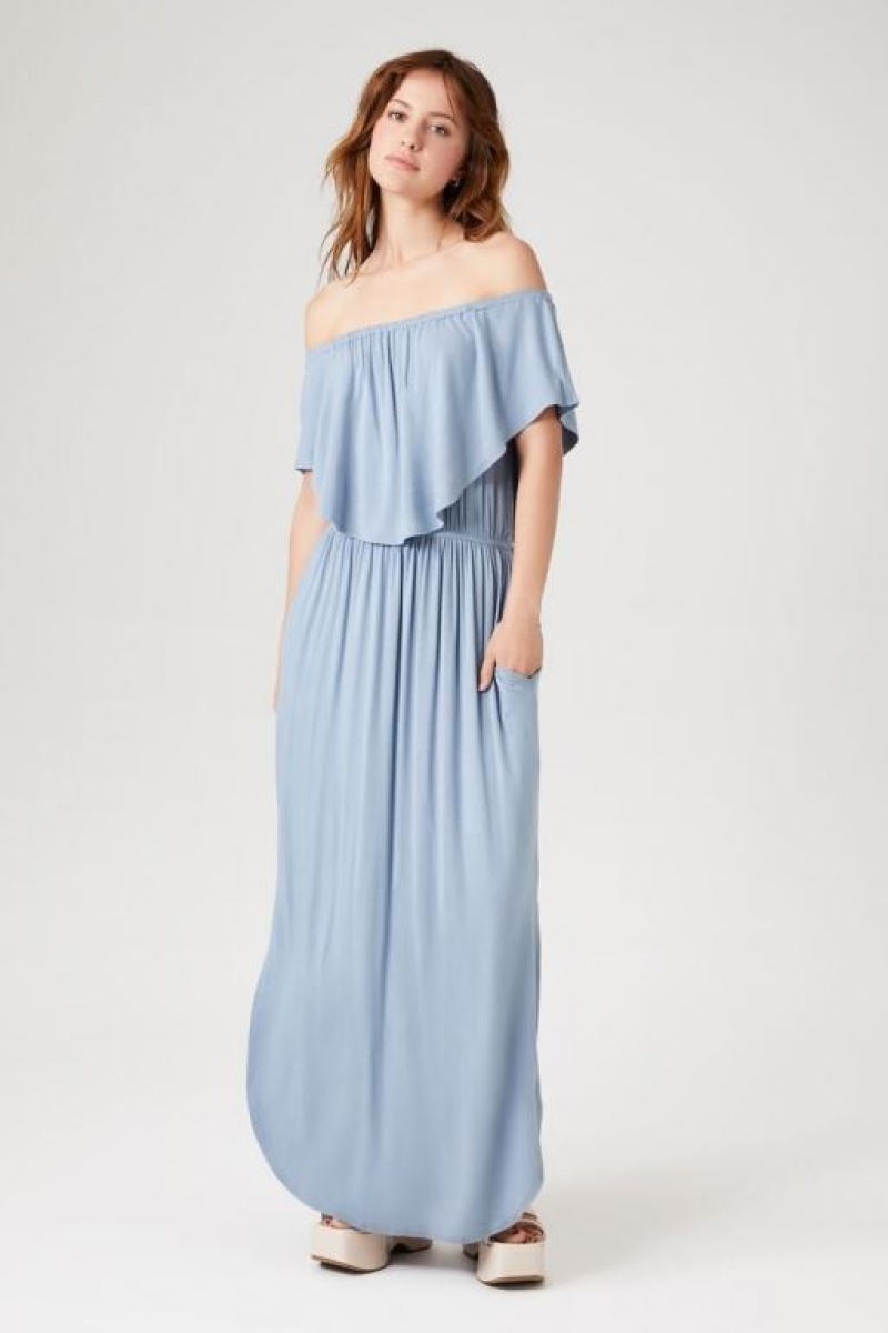 Vestido Forever 21 Flounce Off The Shoulder Maxi Mujer Azules | AWNztUi3iMD