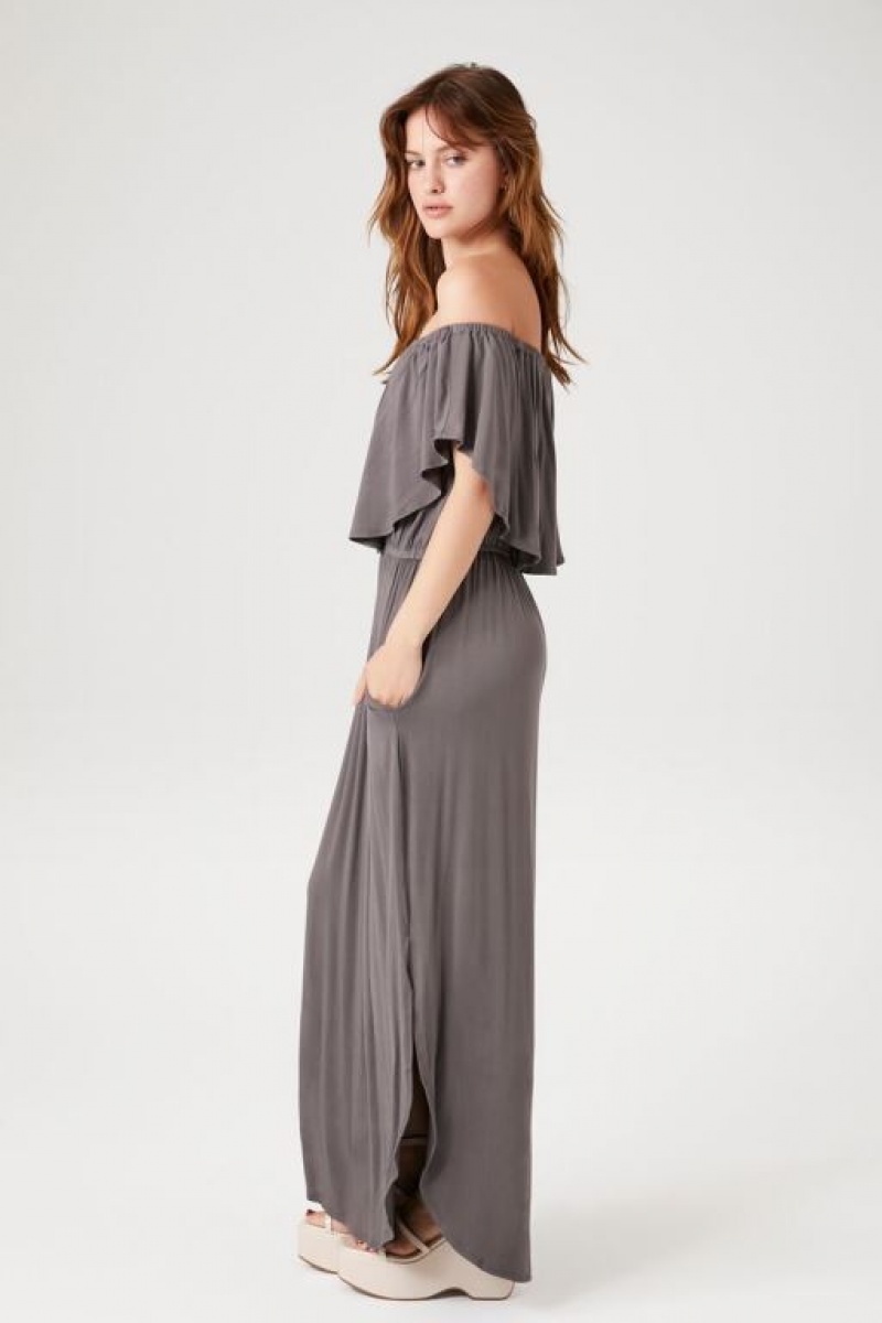 Vestido Forever 21 Flounce Off The Shoulder Maxi Mujer Gris | aqKz9iC3WcQ