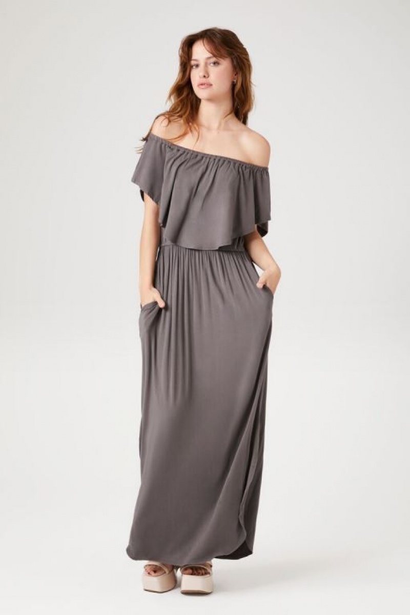 Vestido Forever 21 Flounce Off The Shoulder Maxi Mujer Gris | aqKz9iC3WcQ