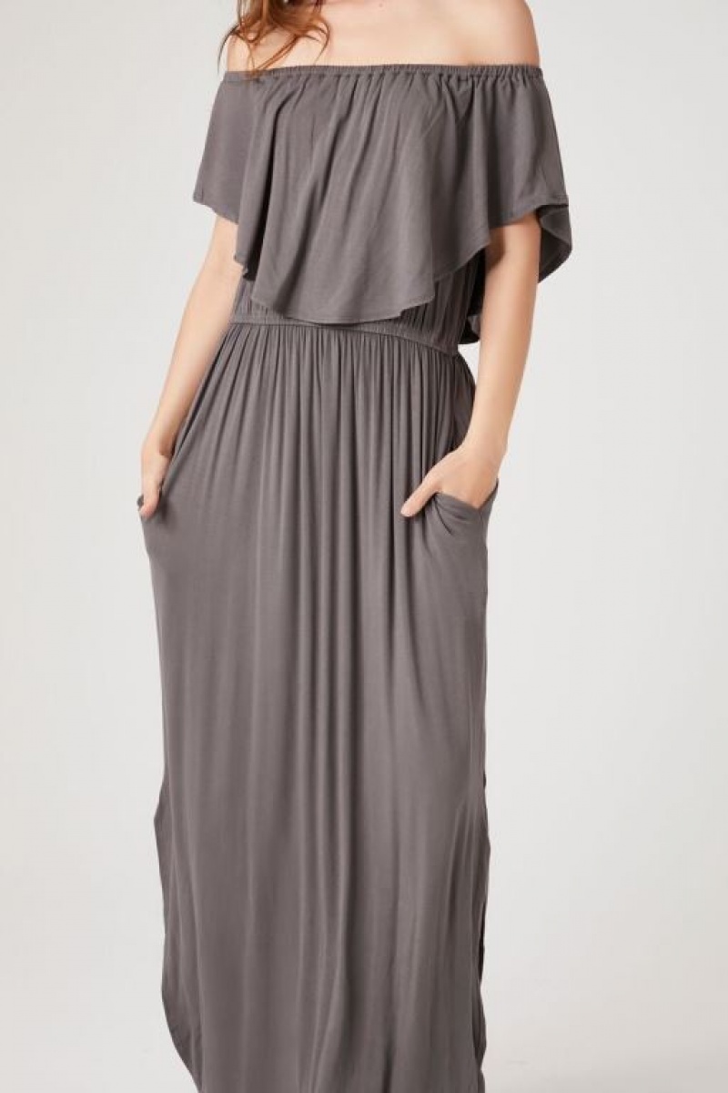 Vestido Forever 21 Flounce Off The Shoulder Maxi Mujer Gris | aqKz9iC3WcQ