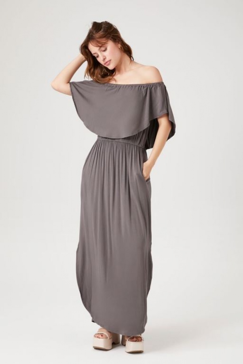 Vestido Forever 21 Flounce Off The Shoulder Maxi Mujer Gris | aqKz9iC3WcQ