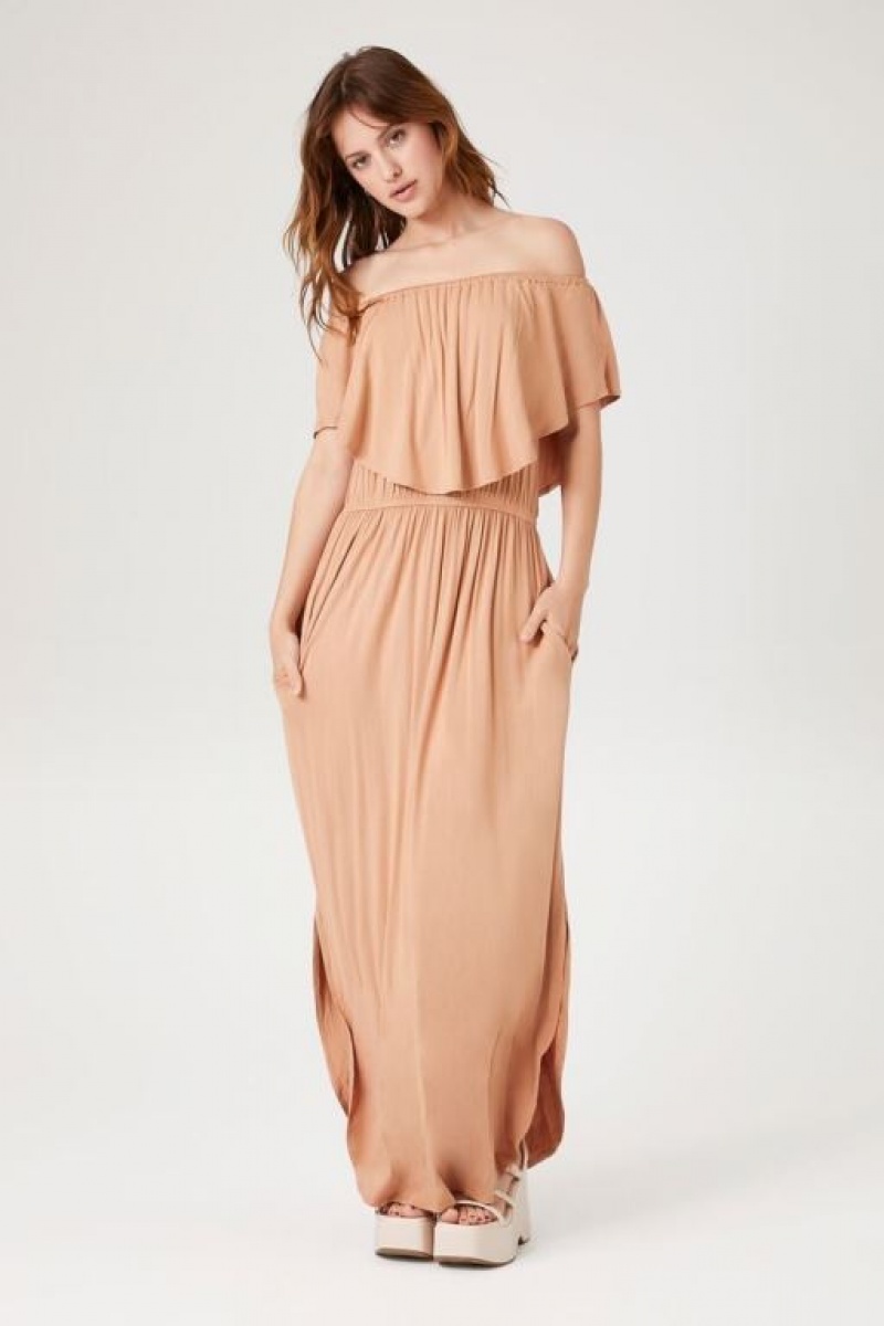 Vestido Forever 21 Flounce Off The Shoulder Maxi Mujer Toast | 8Pf5GspDUQO