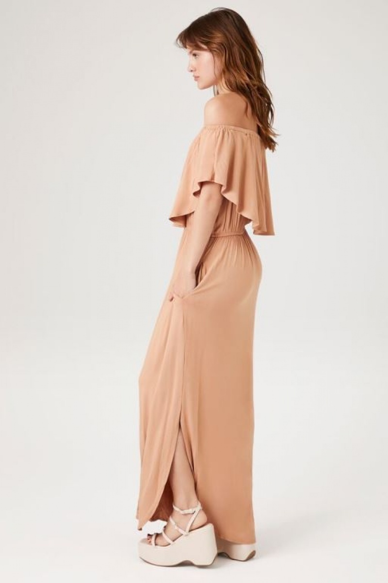 Vestido Forever 21 Flounce Off The Shoulder Maxi Mujer Toast | 8Pf5GspDUQO