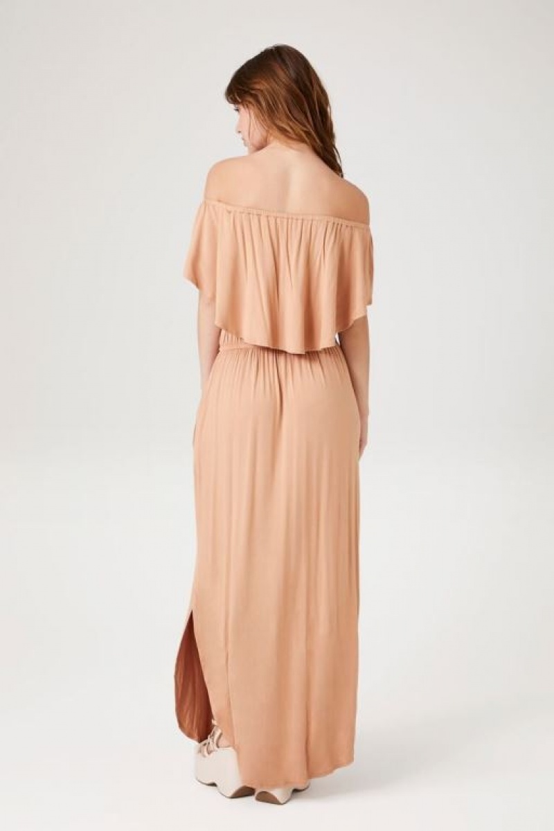 Vestido Forever 21 Flounce Off The Shoulder Maxi Mujer Toast | 8Pf5GspDUQO