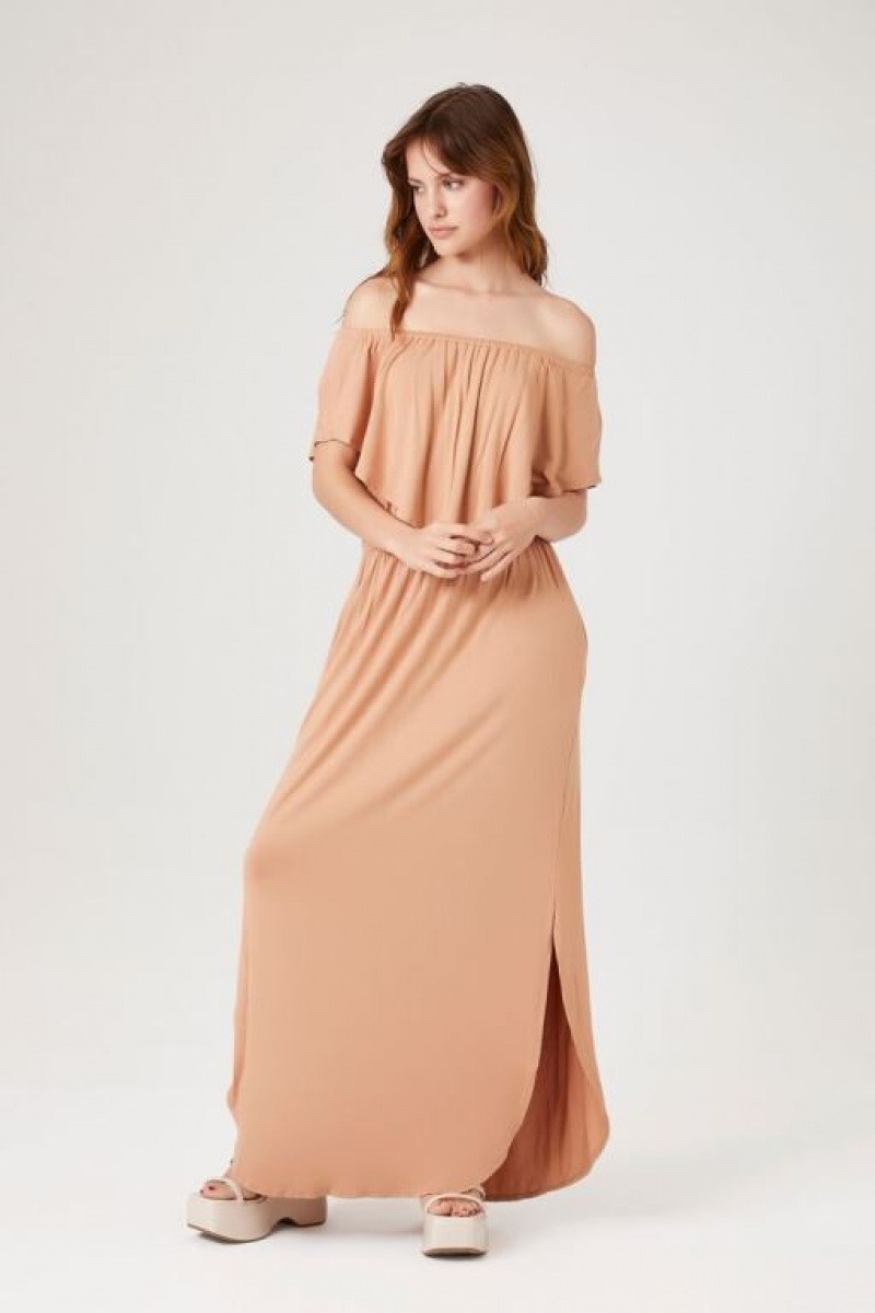 Vestido Forever 21 Flounce Off The Shoulder Maxi Mujer Toast | 8Pf5GspDUQO