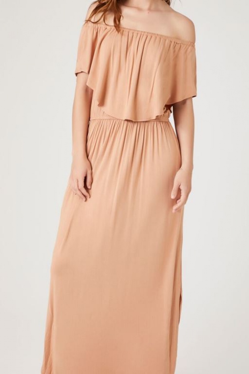 Vestido Forever 21 Flounce Off The Shoulder Maxi Mujer Toast | 8Pf5GspDUQO