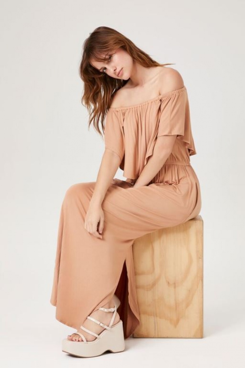 Vestido Forever 21 Flounce Off The Shoulder Maxi Mujer Toast | 8Pf5GspDUQO