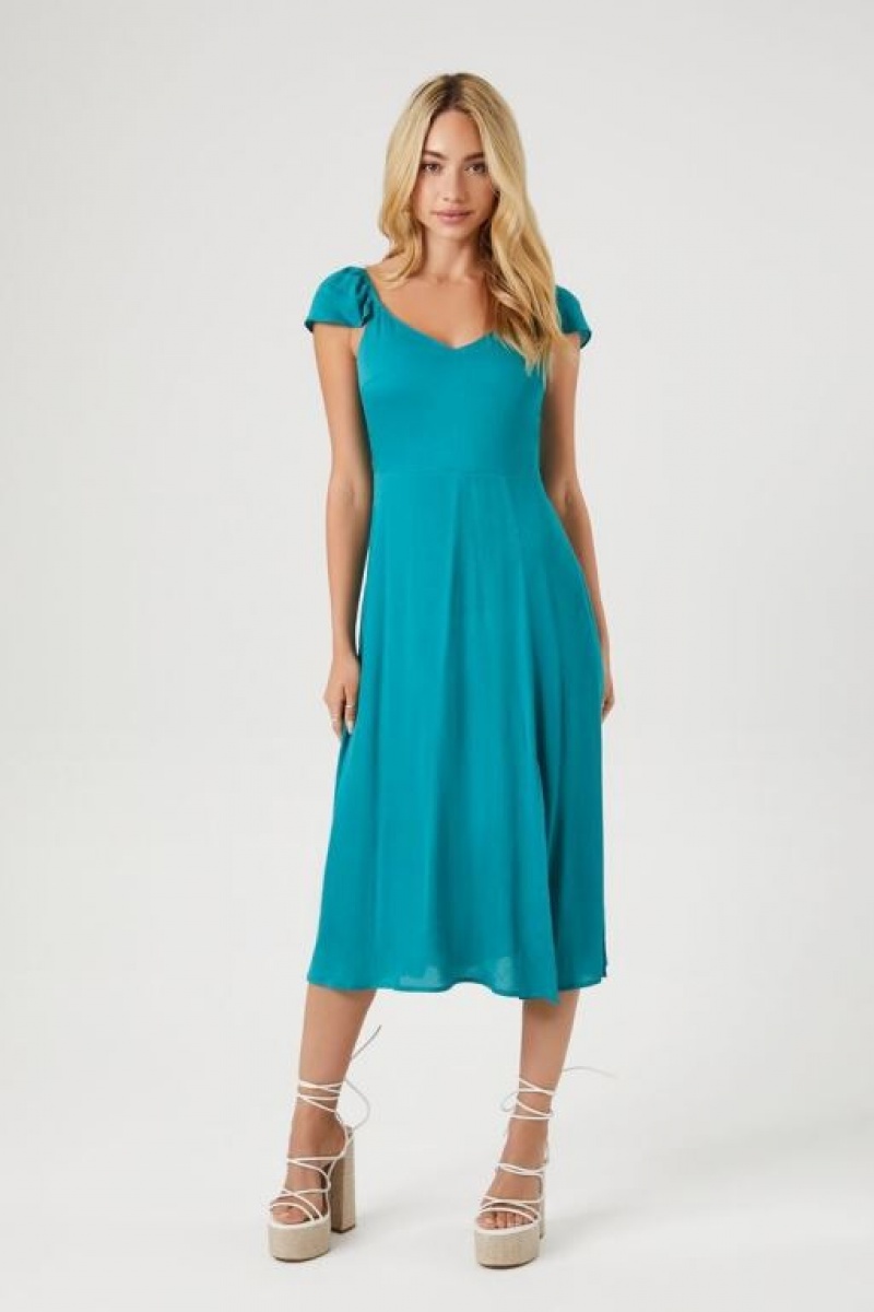 Vestido Forever 21 Flounce Sleeve Midi Mujer Turquesa | qhWYsKvVZXD