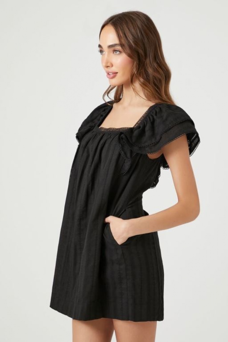 Vestido Forever 21 Flounce Sleeve Mini Shift Mujer Negras | 43RUQOh87N4