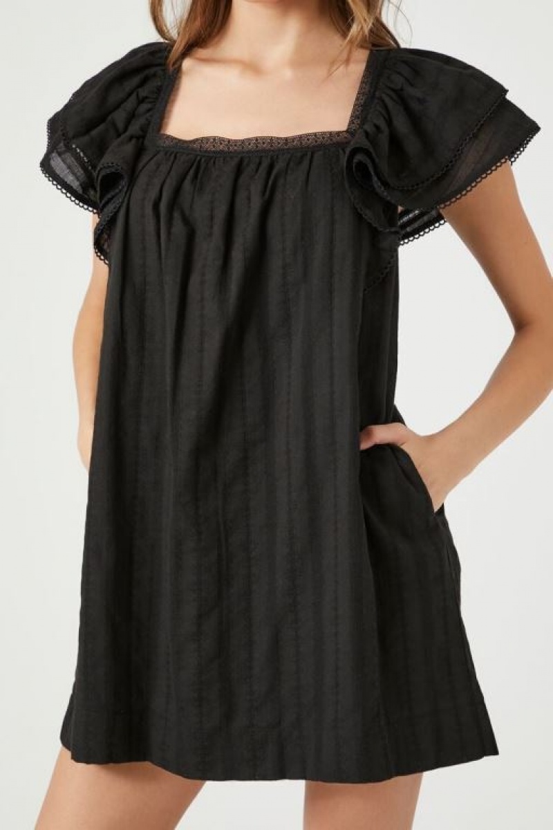 Vestido Forever 21 Flounce Sleeve Mini Shift Mujer Negras | 43RUQOh87N4