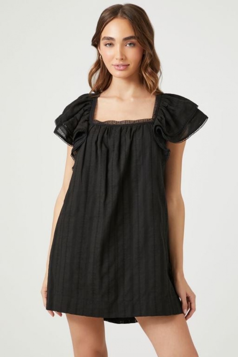 Vestido Forever 21 Flounce Sleeve Mini Shift Mujer Negras | 43RUQOh87N4