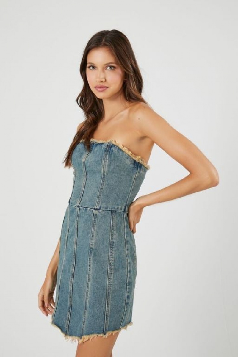 Vestido Forever 21 Frayed Denim Bodycon Mini Mujer Azules | SPPr1mQ48sV