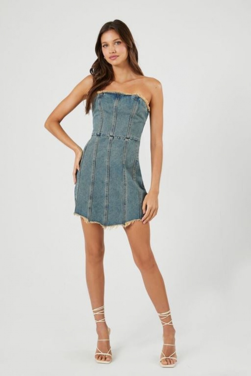 Vestido Forever 21 Frayed Denim Bodycon Mini Mujer Azules | SPPr1mQ48sV