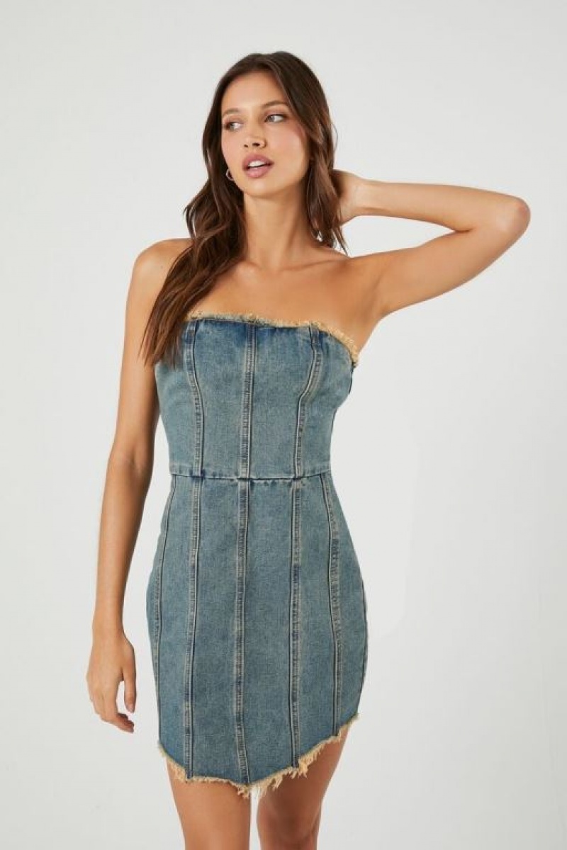 Vestido Forever 21 Frayed Denim Bodycon Mini Mujer Azules | SPPr1mQ48sV