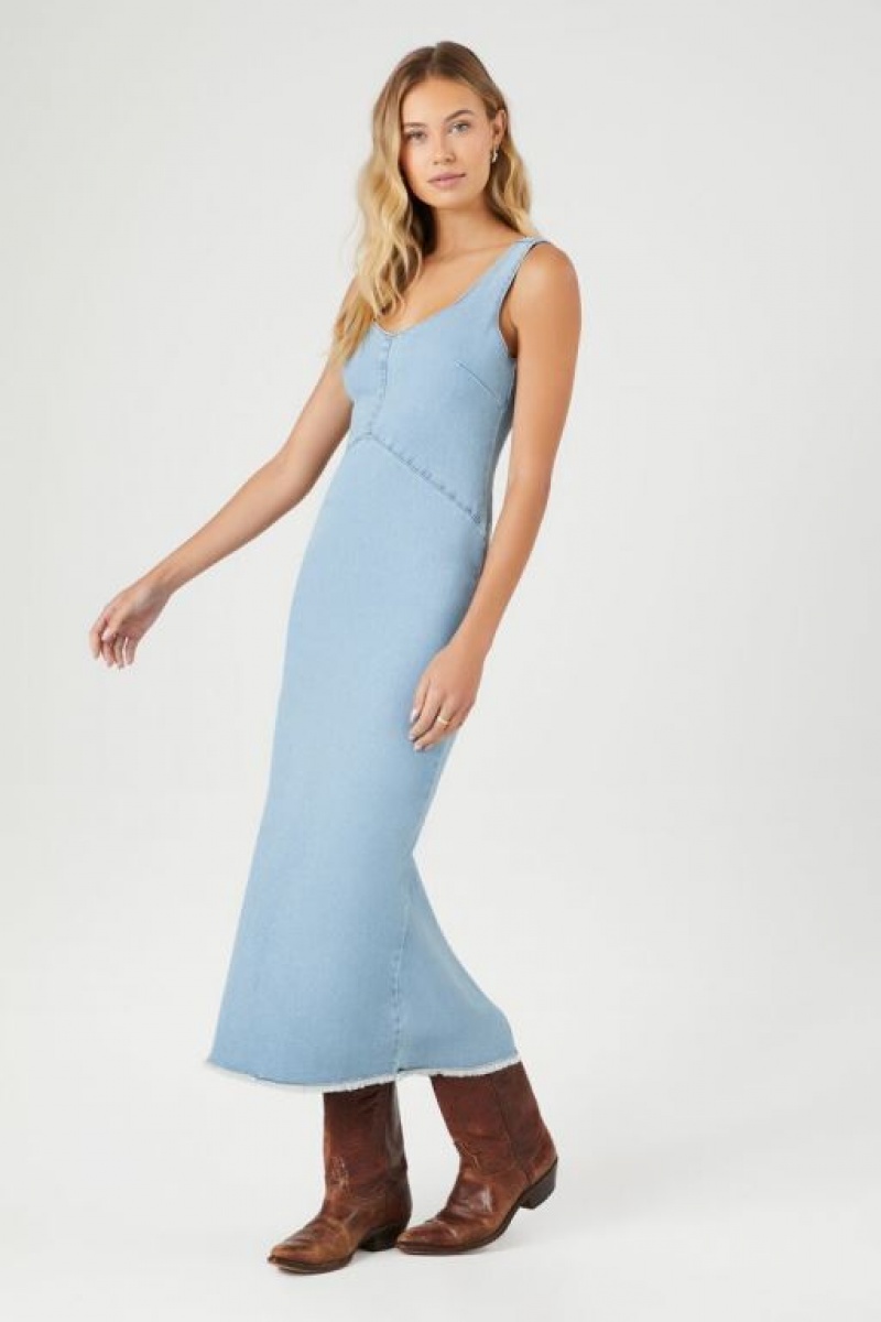 Vestido Forever 21 Frayed Denim Maxi Mujer Azules Claro | zLsWfG0NOm6