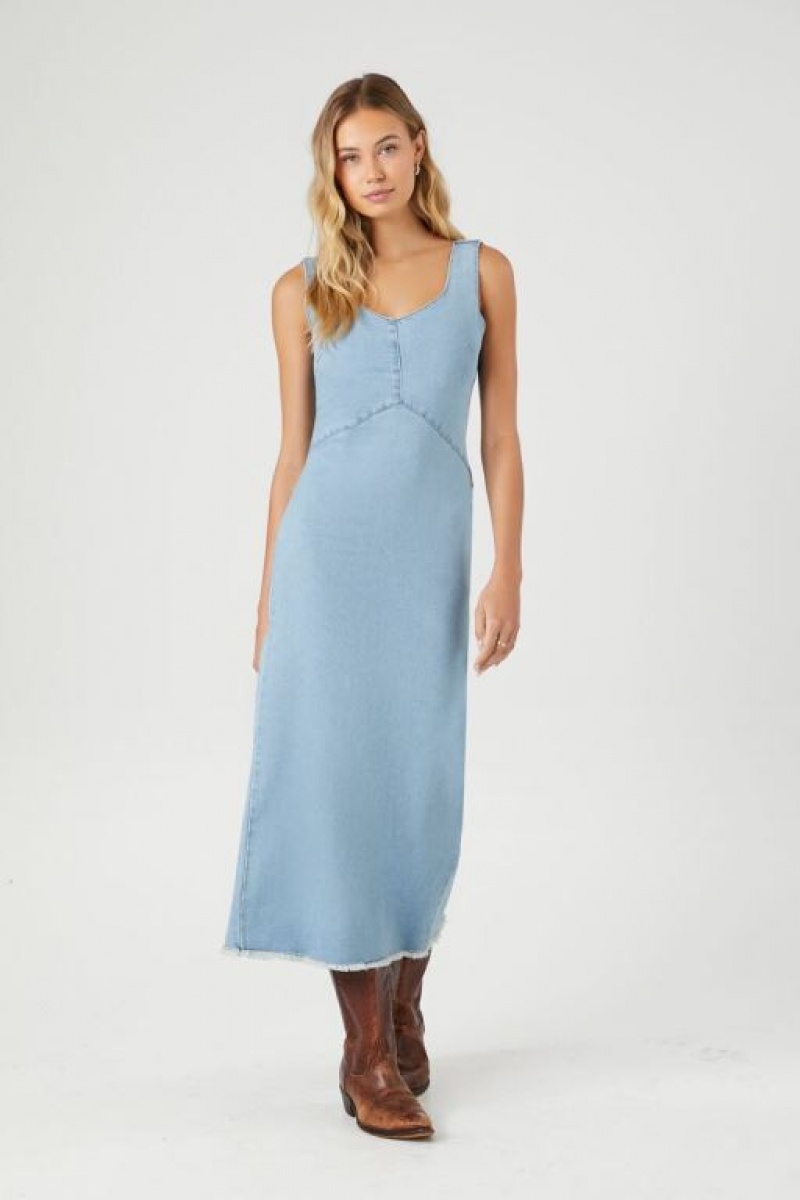 Vestido Forever 21 Frayed Denim Maxi Mujer Azules Claro | zLsWfG0NOm6