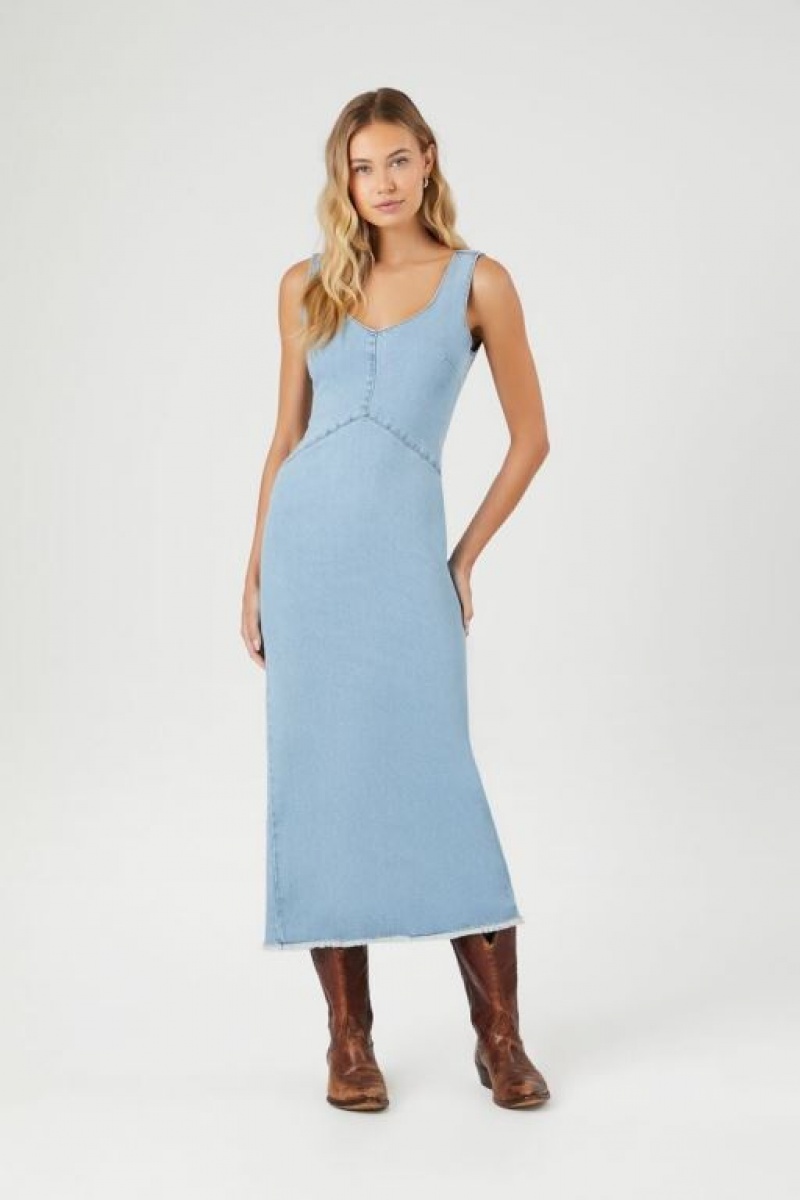 Vestido Forever 21 Frayed Denim Maxi Mujer Azules Claro | zLsWfG0NOm6