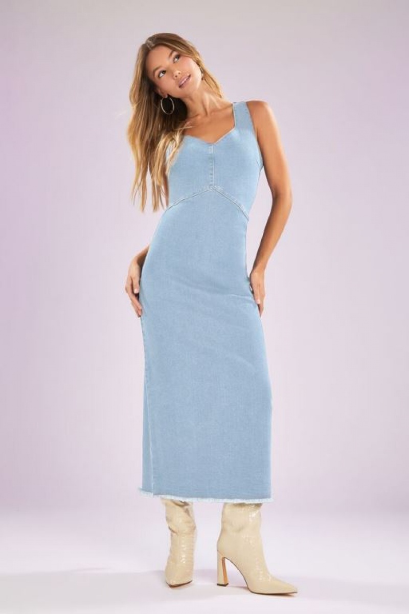 Vestido Forever 21 Frayed Denim Maxi Mujer Azules Claro | zLsWfG0NOm6