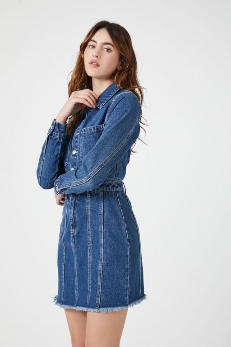 Vestido Forever 21 Frayed Denim Mini Mujer Azules | jxIa16fTi76