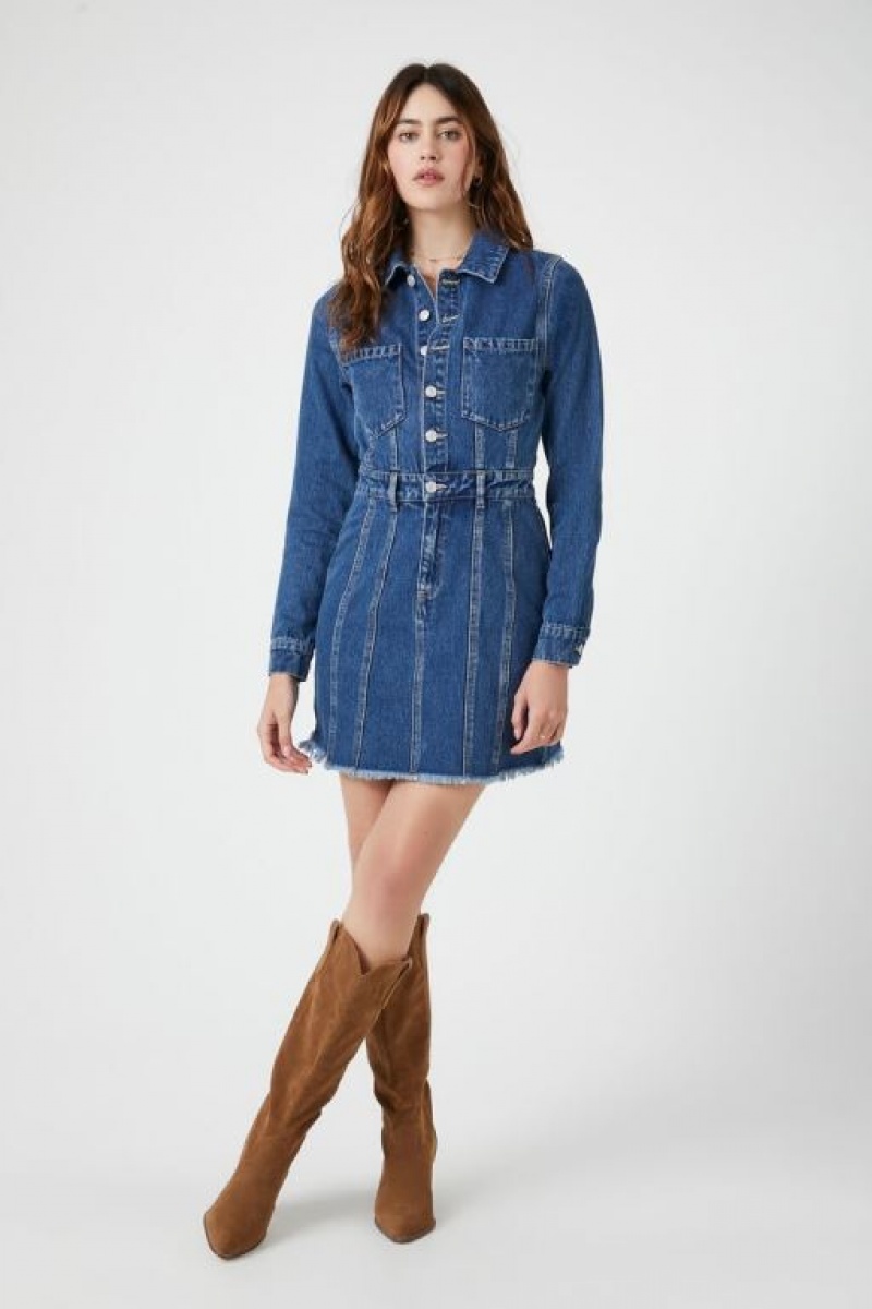 Vestido Forever 21 Frayed Denim Mini Mujer Azules | jxIa16fTi76