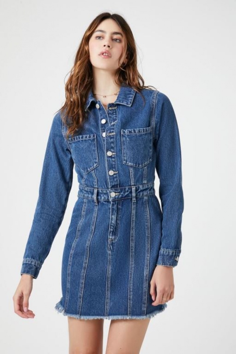 Vestido Forever 21 Frayed Denim Mini Mujer Azules | jxIa16fTi76