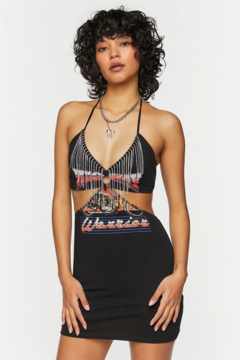 Vestido Forever 21 Fringe Cutout Motorcycle Estampadas Mujer Negras Multicolor | JRJ4AuwQVhT